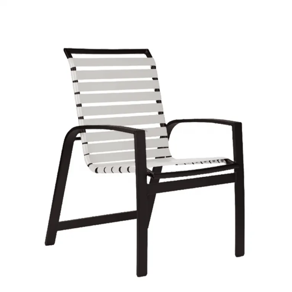 Skyline commercial outdoor dining chair with white vinyl straps, black aluminum frame, high back, and integrated armrests