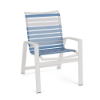 Skyline stackable outdoor dining chair with sky blue and white vinyl straps, white aluminum frame, and supportive high back