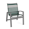 Skyline commercial patio dining chair featuring green and gray vinyl straps with a gray aluminum frame and armrests