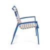 Side view of Skyline vinyl strap dining chair with off-white straps and Marina blue aluminum frame for commercial outdoor seating