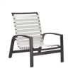 Skyline stackable commercial sand chair with white vinyl straps, black aluminum frame, armrests, and low-profile seating