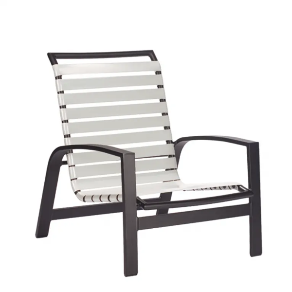 Skyline stackable commercial sand chair with white vinyl straps, black aluminum frame, armrests, and low-profile seating