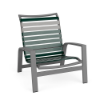 Skyline commercial outdoor sand chair featuring green and gray vinyl straps, gray aluminum frame, and integrated armrests