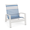 Skyline stackable poolside sand chair with sky blue and white vinyl straps, white aluminum frame, and low-profile seating