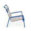 Side view of Skyline outdoor sand chair with off-white vinyl straps, Marina blue aluminum frame, and low 10-inch seat height