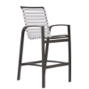 Skyline commercial outdoor bar chair with white vinyl straps, black aluminum frame, armrests, and integrated bar-height footrest