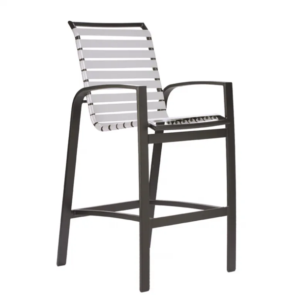 Skyline commercial outdoor bar chair with white vinyl straps, black aluminum frame, armrests, and integrated bar-height footrest