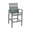 Skyline commercial bar chair featuring green and gray vinyl straps, gray aluminum frame, high back, and integrated footrest