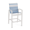 Skyline outdoor bar-height chair with sky blue and white vinyl straps, white aluminum frame, armrests, and open strap back