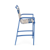 Side view of Skyline vinyl strap bar chair with off-white seating, Marina blue aluminum frame, armrests, and 30-inch seat height