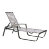 Skyline commercial outdoor chaise lounge with white vinyl straps, black aluminum frame, armrests, and four-position adjustable backrest