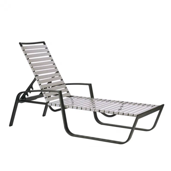 Skyline commercial outdoor chaise lounge with white vinyl straps, black aluminum frame, armrests, and four-position adjustable backrest