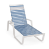 Skyline outdoor chaise lounge with sky blue and white vinyl straps, white aluminum frame, armrests, and adjustable backrest