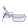 Side view of Skyline vinyl strap chaise lounge with off-white seating, Marina blue aluminum frame, and adjustable reclining backrest