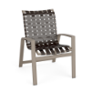 Skyline commercial outdoor dining chair featuring bronze cross weave vinyl seating, Satin Amber aluminum frame, and integrated armrests