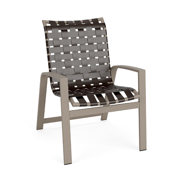 Skyline commercial outdoor dining chair featuring bronze cross weave vinyl seating, Satin Amber aluminum frame, and integrated armrests