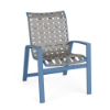 Skyline cross weave outdoor dining chair with gray interwoven vinyl seat and back, Steel Blue aluminum frame, and armrests
