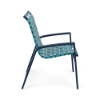 Side view of Skyline cross weave commercial dining chair with turquoise interwoven vinyl seating and Deep Blue Metallic aluminum frame