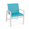 Skyline commercial outdoor dining chair with Aruba turquoise sling fabric, Sky White aluminum frame, and integrated armrests