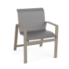 Skyline commercial patio dining chair featuring Metallica Platinum gray sling fabric, Satin Amber aluminum frame, and streamlined armrests