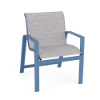Skyline sling commercial dining chair featuring patterned Broadway fabric, Steel Blue aluminum frame, and continuous seat and back