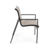 Side view of Skyline outdoor dining chair with Cane Oyster sling fabric, Starlight Black aluminum frame, and supportive armrests