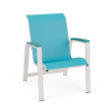 Skyline commercial dining chair with Aruba turquoise sling fabric, Sky White aluminum frame, and coordinating MGP arm caps