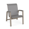 Skyline sling dining chair featuring Metallica Platinum gray fabric, Satin Amber aluminum frame, and contrasting gray MGP arm caps