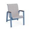 Skyline outdoor dining chair featuring patterned Broadway sling fabric, Steel Blue aluminum frame, and contrasting dark MGP arm caps