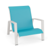 Skyline stackable commercial sand chair with Aruba turquoise sling fabric, Sky White aluminum frame, armrests, and low-profile seating
