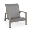 Skyline stackable sand chair featuring Metallica Platinum gray sling fabric, Satin Amber aluminum frame, and relaxed low-profile seating