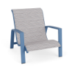 Skyline outdoor sand chair featuring patterned Broadway sling fabric, Steel Blue aluminum frame, and a low 10-inch seat height