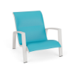 Skyline padded sling commercial sand chair with Aruba turquoise fabric, Sky White aluminum frame, armrests, and low-profile seating