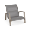 Skyline padded sling outdoor sand chair featuring Metallica Platinum gray fabric, Satin Amber aluminum frame, and relaxed low-profile design