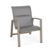 Skyline commercial dining chair featuring Metallica Platinum gray padded sling fabric, Satin Amber aluminum frame, and integrated armrests
