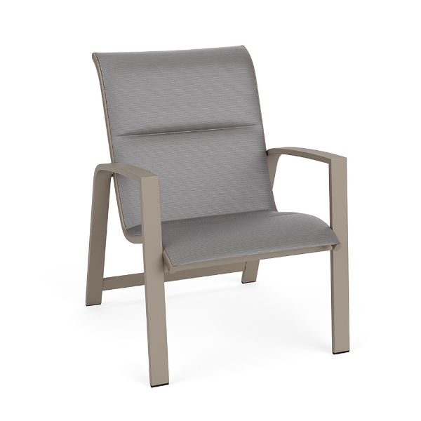 Skyline commercial dining chair featuring Metallica Platinum gray padded sling fabric, Satin Amber aluminum frame, and integrated armrests