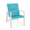 Skyline padded sling commercial dining chair with Aruba turquoise fabric, Sky White aluminum frame, high back, and integrated armrests