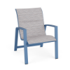Skyline commercial outdoor dining chair featuring patterned Broadway padded sling fabric, Steel Blue aluminum frame, and supportive high back