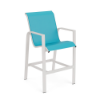 Skyline commercial outdoor bar chair with Aruba turquoise sling fabric, Sky White aluminum frame, armrests, and integrated footrest