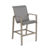 Skyline outdoor bar chair featuring Metallica Platinum gray sling fabric, Satin Amber aluminum frame, and integrated bar-height footrest