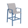 Skyline sling bar chair featuring patterned Broadway fabric, Steel Blue aluminum frame, high back, and bar-height footrest