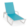 Skyline commercial chaise lounge with Aruba turquoise sling fabric, Sky White aluminum frame, armrests, and four-position adjustable backrest