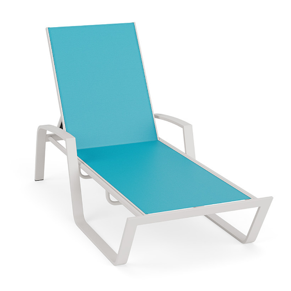 Skyline commercial chaise lounge with Aruba turquoise sling fabric, Sky White aluminum frame, armrests, and four-position adjustable backrest