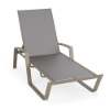 Skyline sling chaise lounge featuring Metallica Platinum gray fabric, Satin Amber aluminum frame, armrests, and four-position adjustable backrest