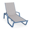 Skyline outdoor chaise lounge featuring patterned Broadway sling fabric, Steel Blue aluminum frame, armrests, and adjustable reclining backrest