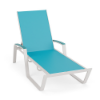 Skyline commercial chaise lounge with Aruba turquoise sling fabric, Sky White aluminum frame, matching Aruba MGP armrests, and adjustable backrest