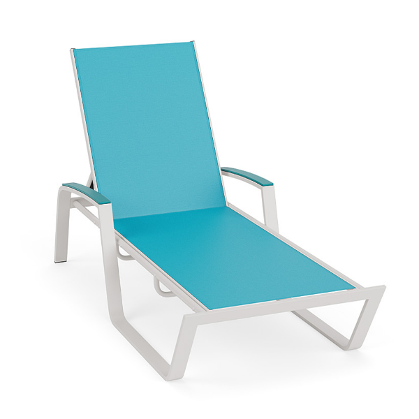 Skyline commercial chaise lounge with Aruba turquoise sling fabric, Sky White aluminum frame, matching Aruba MGP armrests, and adjustable backrest