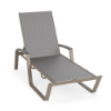 Skyline sling chaise lounge featuring Metallica Platinum gray fabric, Satin Amber aluminum frame, contrasting Gray MGP armrests, and adjustable backrest