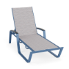 Skyline outdoor chaise lounge featuring patterned Broadway sling fabric, Steel Blue aluminum frame, contrasting Black MGP armrests, and adjustable backrest
