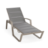 Skyline outdoor chaise lounge featuring Metallica Platinum gray padded sling fabric, Satin Amber aluminum frame, and adjustable reclining backrest